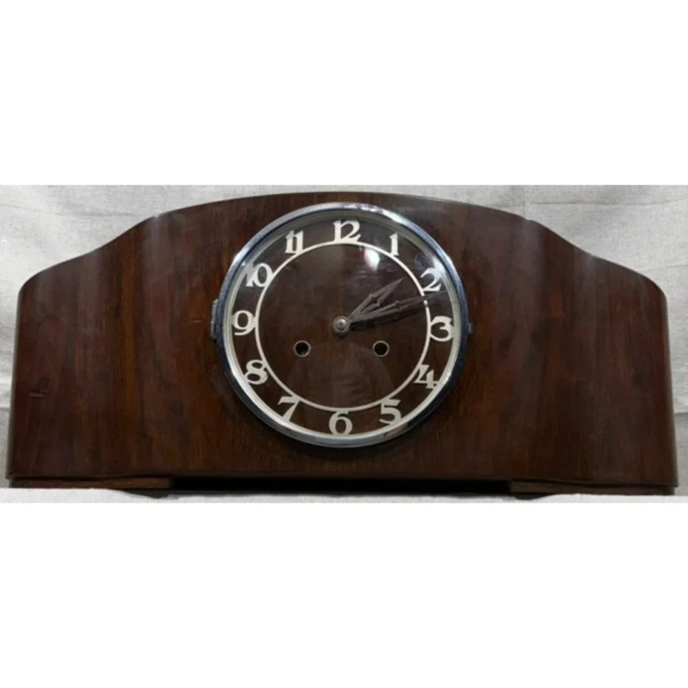 Vintage 1950s Tambour Mantel Clock German 8 Day Movement 130 Stamp Wood Case